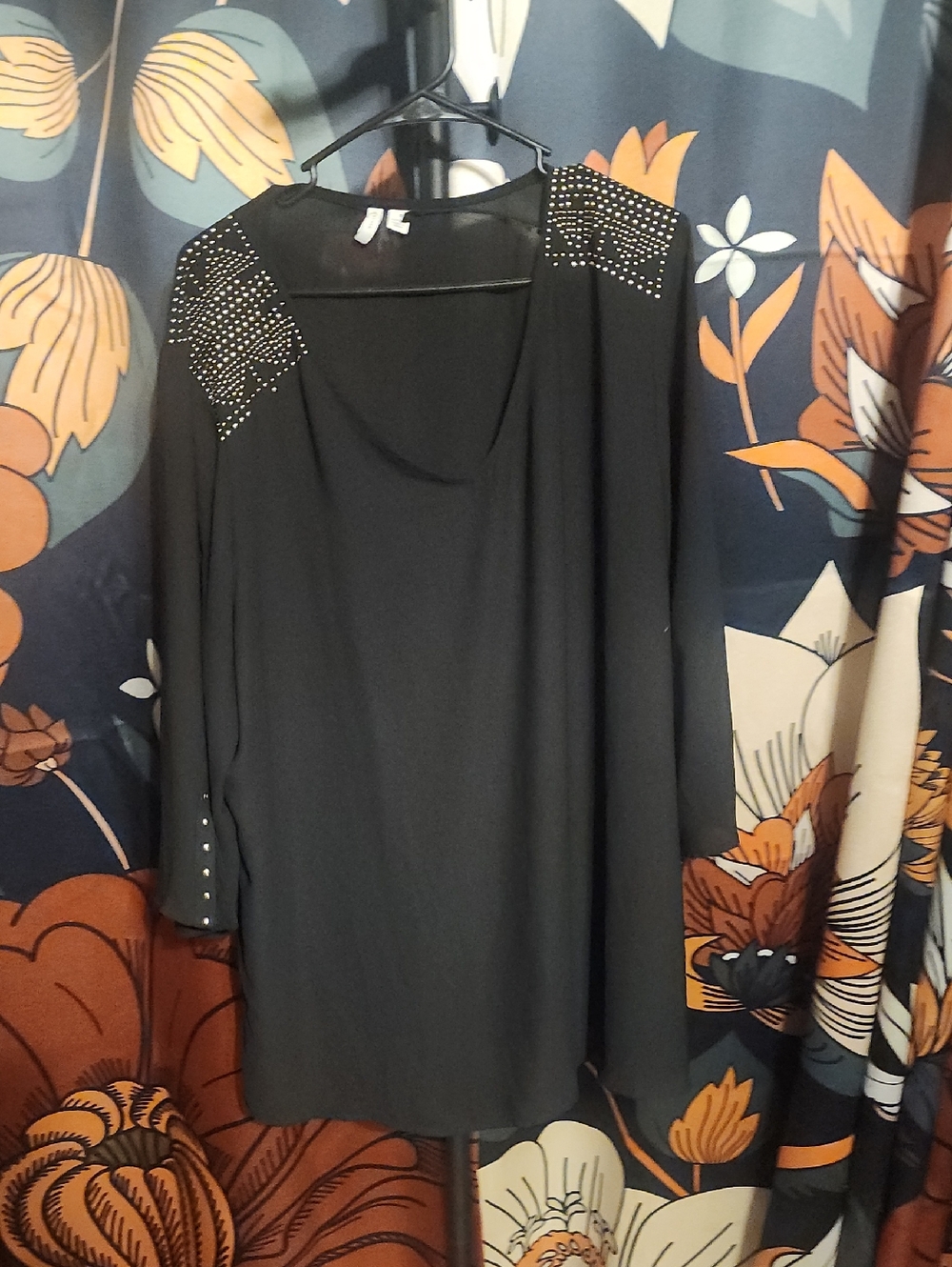 Women's Black Long-Sleeve Top with Studded Shoulder Detail